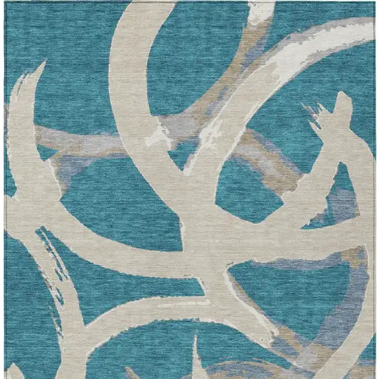 Teal Blue Beige And Gray Abstract Washable Indoor Outdoor Area Rug Photo 8