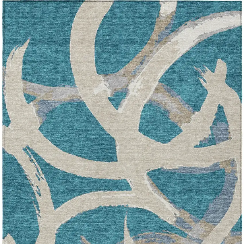Teal Blue Beige And Gray Abstract Washable Indoor Outdoor Area Rug Photo 8