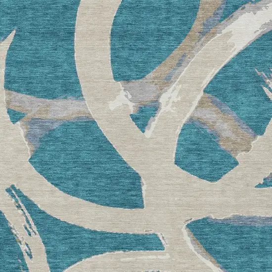 Teal Blue Beige And Gray Abstract Washable Indoor Outdoor Area Rug Photo 6