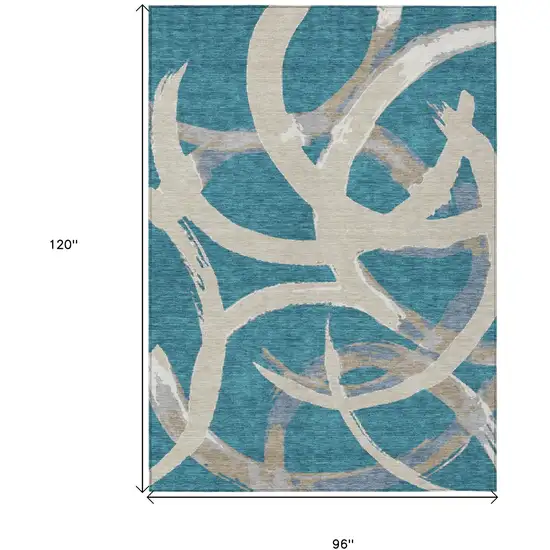 Teal Blue Beige And Gray Abstract Washable Indoor Outdoor Area Rug Photo 3