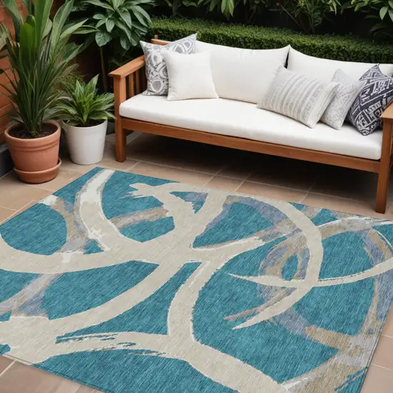 Teal Blue Beige And Gray Abstract Washable Indoor Outdoor Area Rug Photo 1