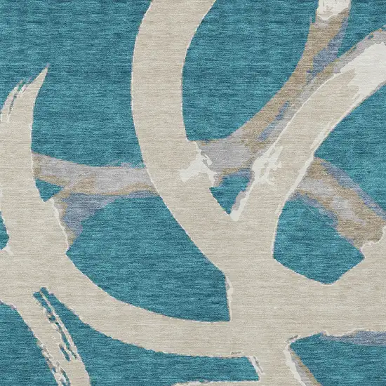 Teal Blue Beige And Gray Abstract Washable Indoor Outdoor Area Rug Photo 6