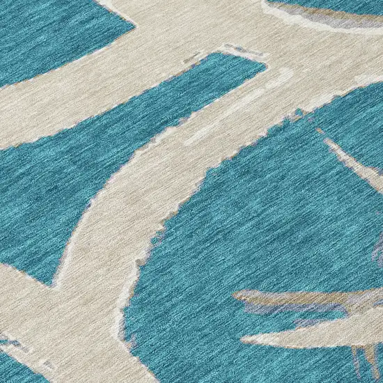 Teal Blue Beige And Gray Abstract Washable Indoor Outdoor Area Rug Photo 7