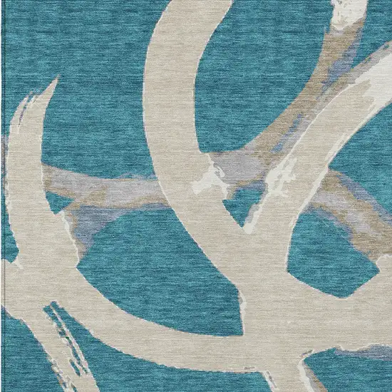 Teal Blue Beige And Gray Abstract Washable Indoor Outdoor Area Rug Photo 6