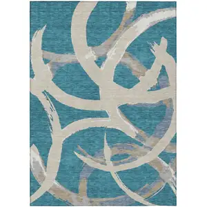 Photo of Teal Blue Beige And Gray Abstract Washable Indoor Outdoor Area Rug