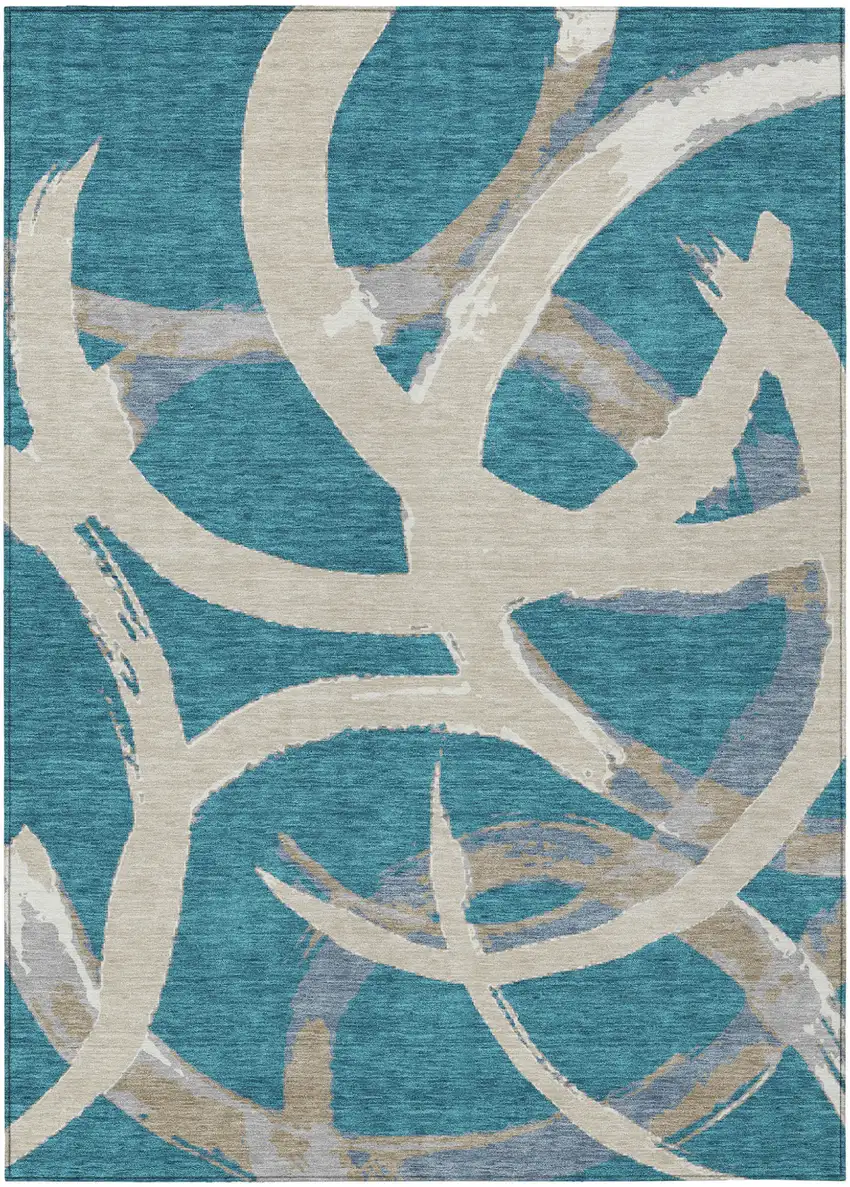 Teal Blue Beige And Gray Abstract Washable Indoor Outdoor Area Rug Photo 2