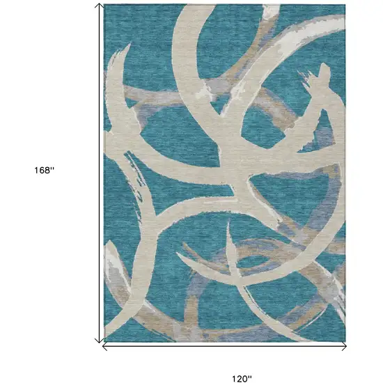 Teal Blue Beige And Gray Abstract Washable Indoor Outdoor Area Rug Photo 3