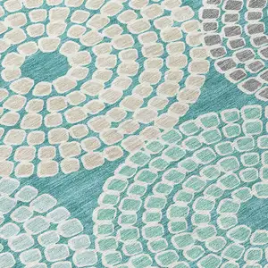 Photo of Teal Blue Beige And Gray Geometric Washable Indoor Outdoor Area Rug
