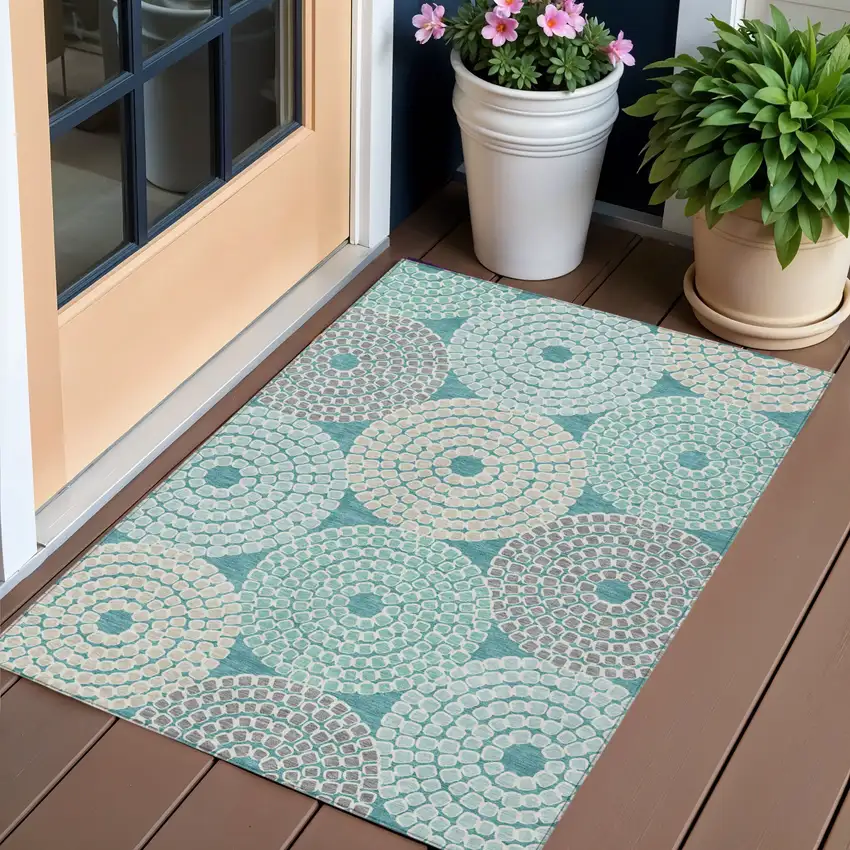 Teal Blue Beige And Gray Geometric Washable Indoor Outdoor Area Rug Photo 1