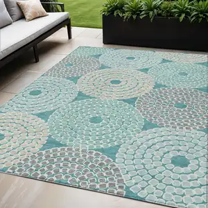 Photo of Teal Blue Beige And Gray Geometric Washable Indoor Outdoor Area Rug