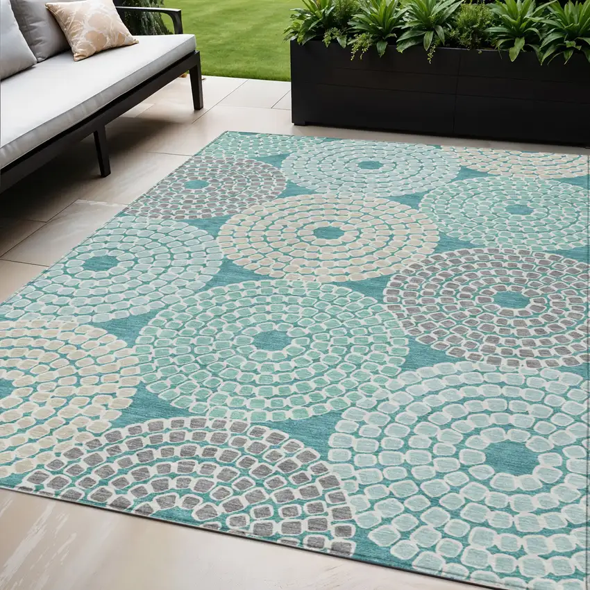 Teal Blue Beige And Gray Geometric Washable Indoor Outdoor Area Rug Photo 1