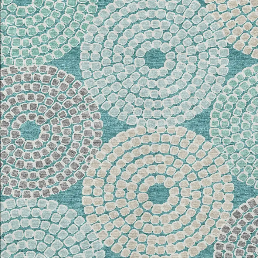 Teal Blue Beige And Gray Geometric Washable Indoor Outdoor Area Rug Photo 6
