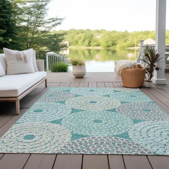 Teal Blue Beige And Gray Geometric Washable Indoor Outdoor Area Rug Photo 9