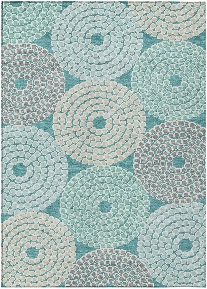 Teal Blue Beige And Gray Geometric Washable Indoor Outdoor Area Rug Photo 2