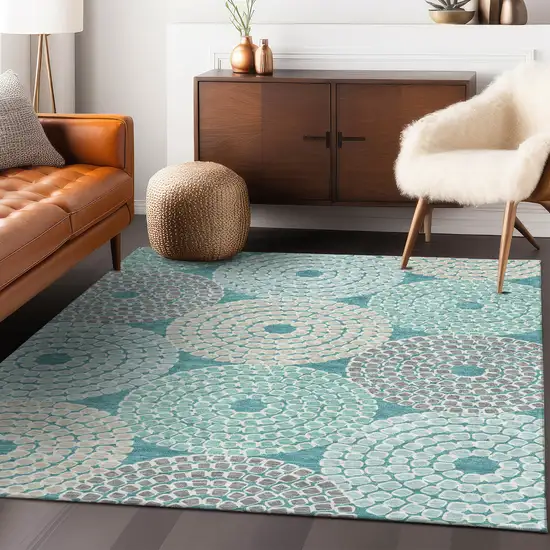 Teal Blue Beige And Gray Geometric Washable Indoor Outdoor Area Rug Photo 9
