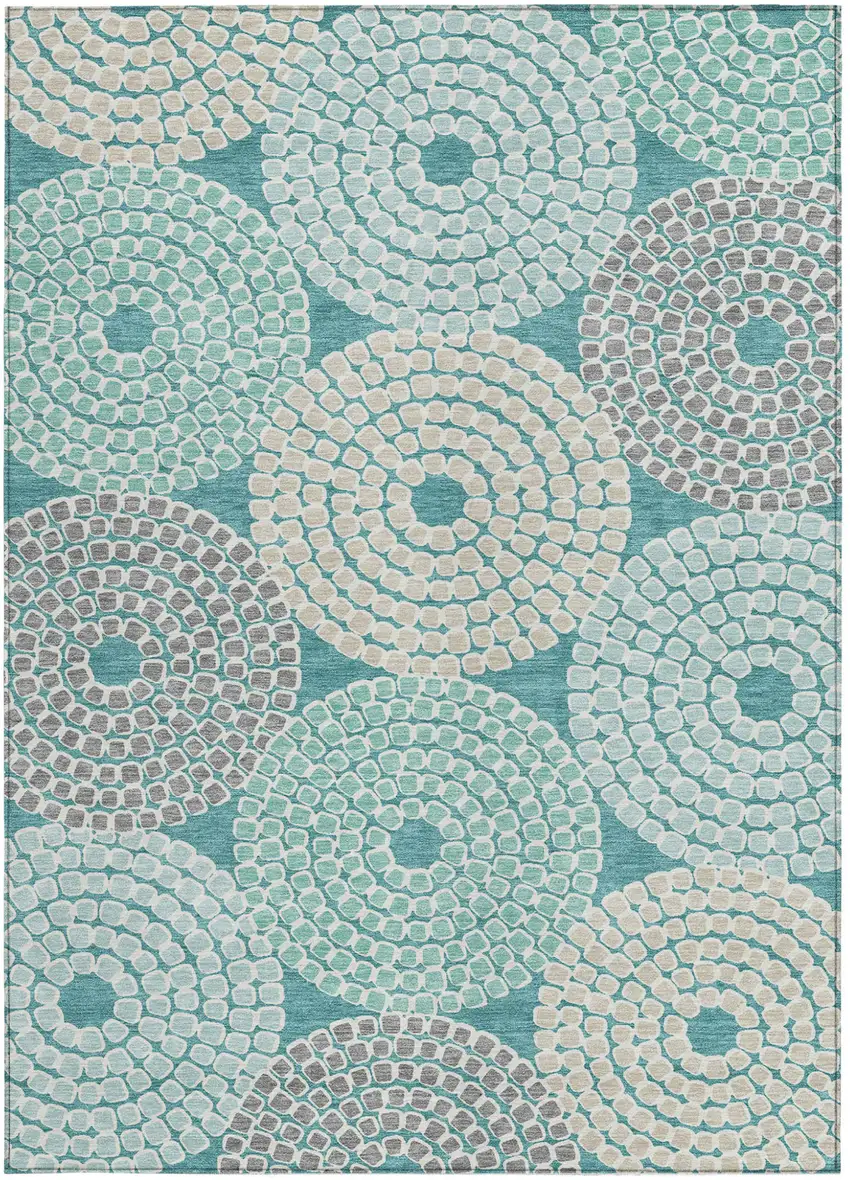 Teal Blue Beige And Gray Geometric Washable Indoor Outdoor Area Rug Photo 8