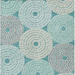 Photo of Teal Blue Beige And Gray Geometric Washable Indoor Outdoor Area Rug