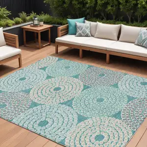Photo of Teal Blue Beige And Gray Geometric Washable Indoor Outdoor Area Rug