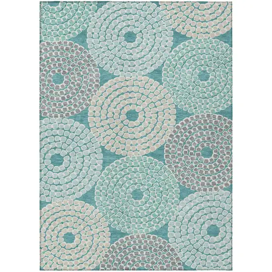 Teal Blue Beige And Gray Geometric Washable Indoor Outdoor Area Rug Photo 2