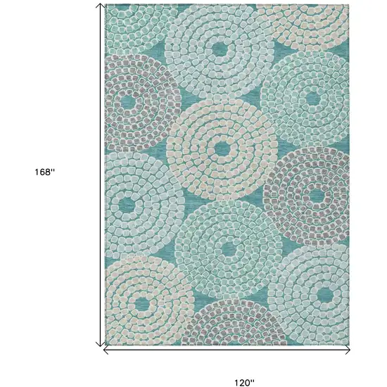 Teal Blue Beige And Gray Geometric Washable Indoor Outdoor Area Rug Photo 3