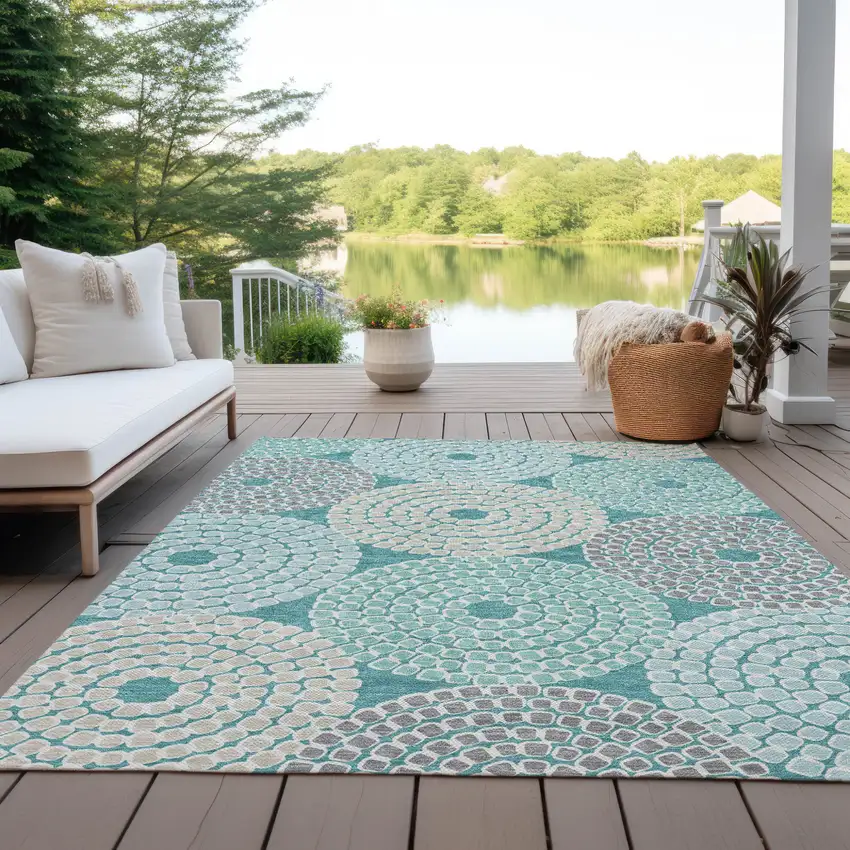 Teal Blue Beige And Gray Geometric Washable Indoor Outdoor Area Rug Photo 9