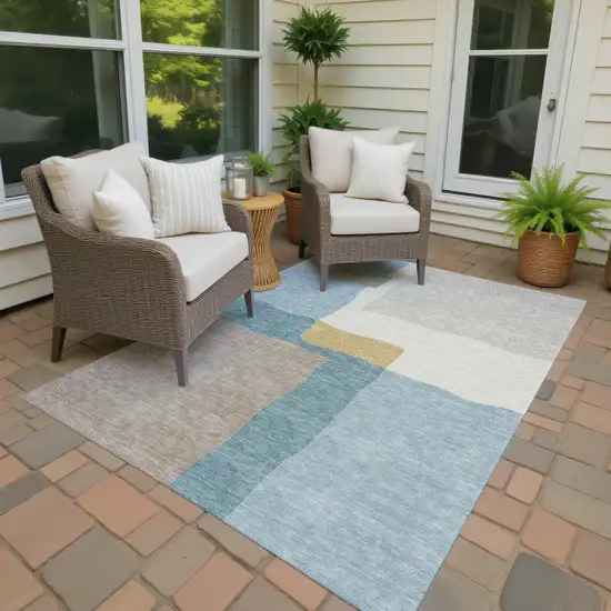 Teal Blue Beige And Ivory Abstract Washable Indoor Outdoor Area Rug Photo 4