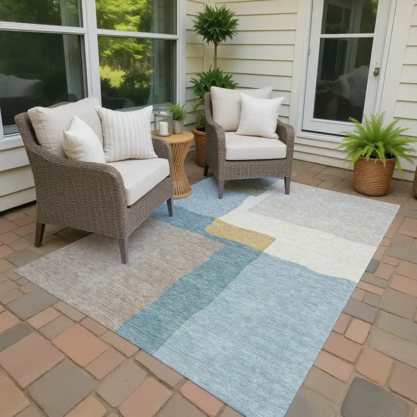 Teal Blue Beige And Ivory Abstract Washable Indoor Outdoor Area Rug Photo 4