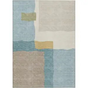 Photo of Teal Blue Beige And Ivory Abstract Washable Indoor Outdoor Area Rug