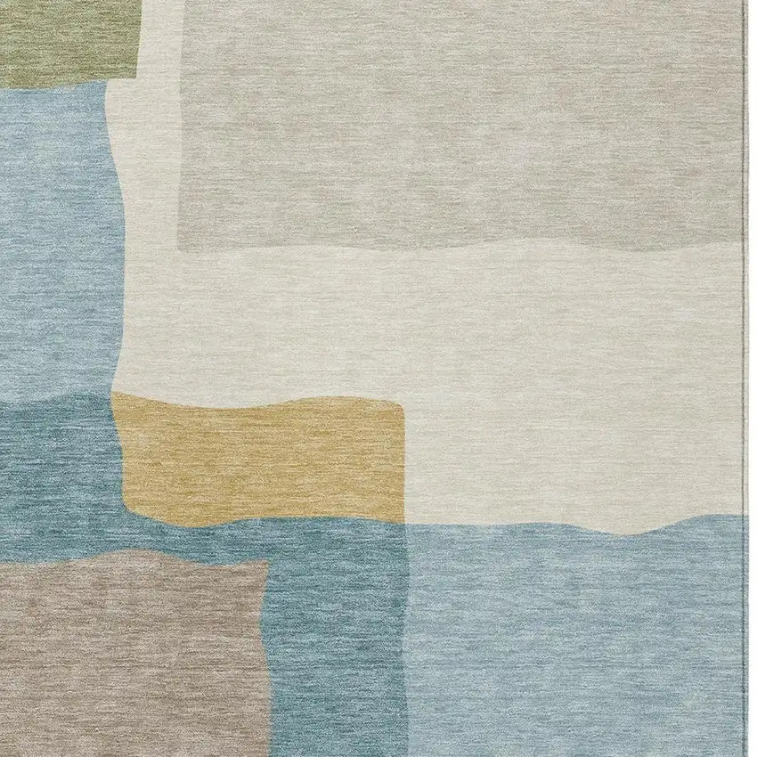 Teal Blue Beige And Ivory Abstract Washable Indoor Outdoor Area Rug Photo 2