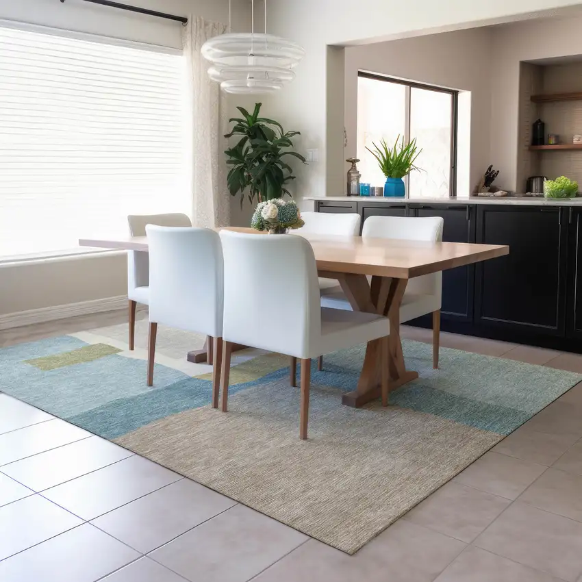 Teal Blue Beige And Ivory Abstract Washable Indoor Outdoor Area Rug Photo 6