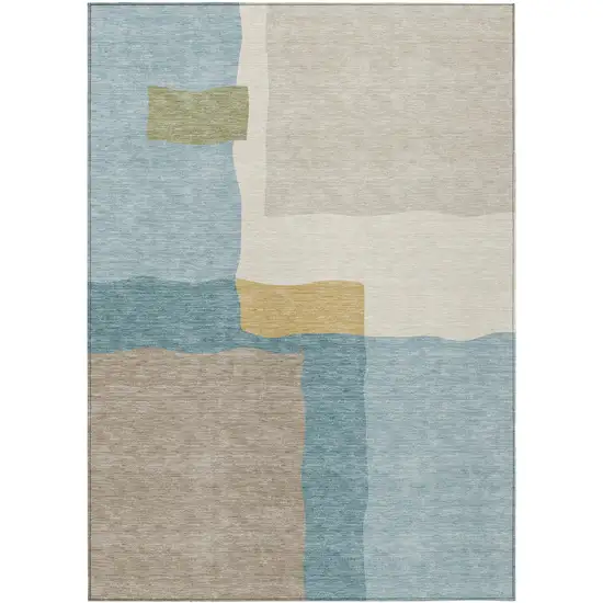 Teal Blue Beige And Ivory Abstract Washable Indoor Outdoor Area Rug Photo 1