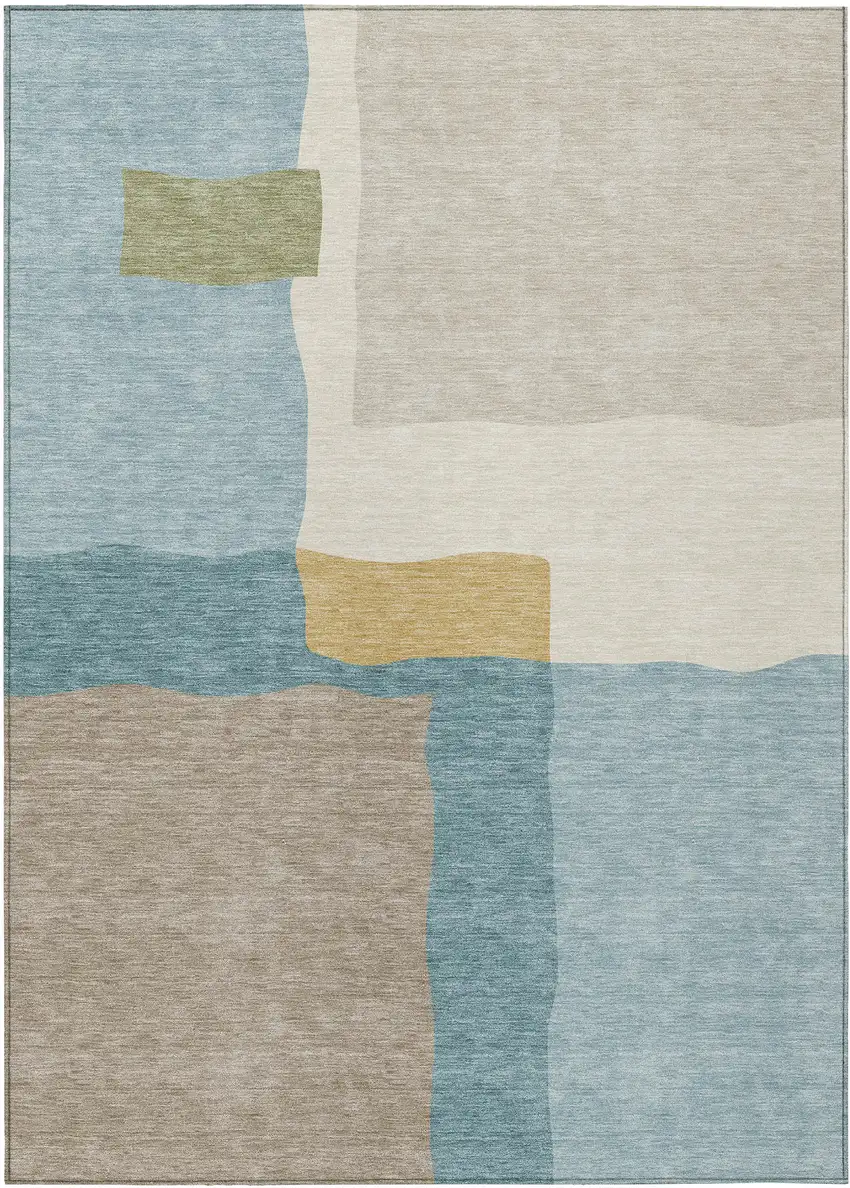 Teal Blue Beige And Ivory Abstract Washable Indoor Outdoor Area Rug Photo 1