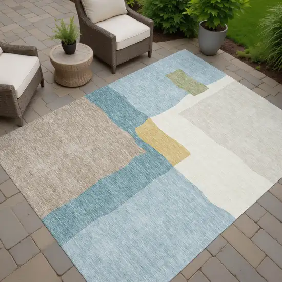 Teal Blue Beige And Ivory Abstract Washable Indoor Outdoor Area Rug Photo 7