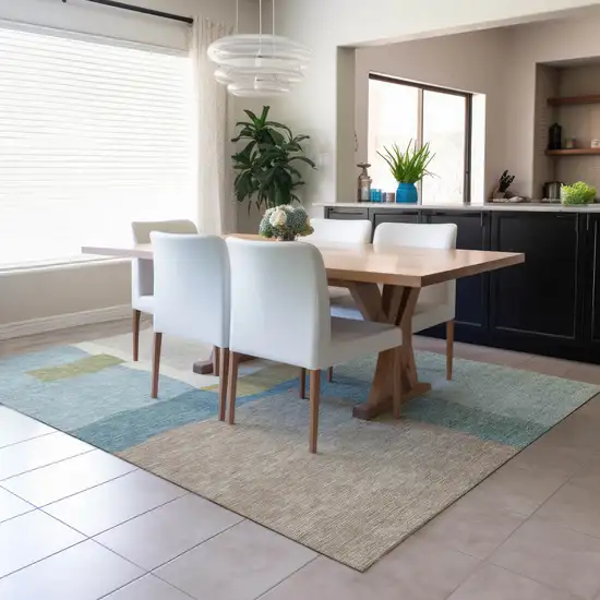 Teal Blue Beige And Ivory Abstract Washable Indoor Outdoor Area Rug Photo 6