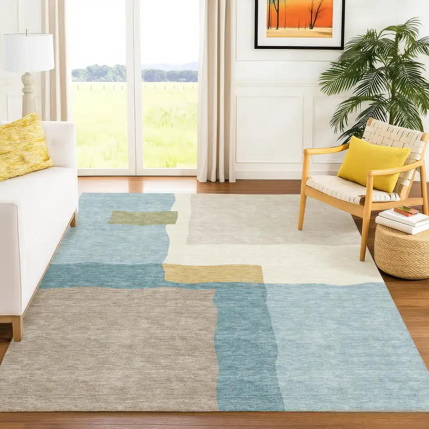 Teal Blue Beige And Ivory Abstract Washable Indoor Outdoor Area Rug Photo 5
