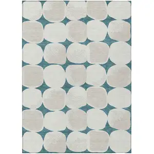 Photo of Teal Blue Beige And Ivory Abstract Washable Indoor Outdoor Area Rug