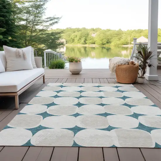Teal Blue Beige And Ivory Abstract Washable Indoor Outdoor Area Rug Photo 9