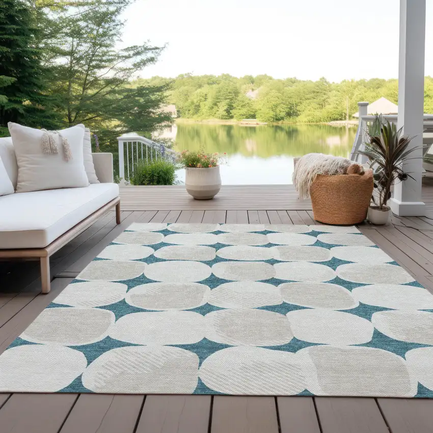 Teal Blue Beige And Ivory Abstract Washable Indoor Outdoor Area Rug Photo 9