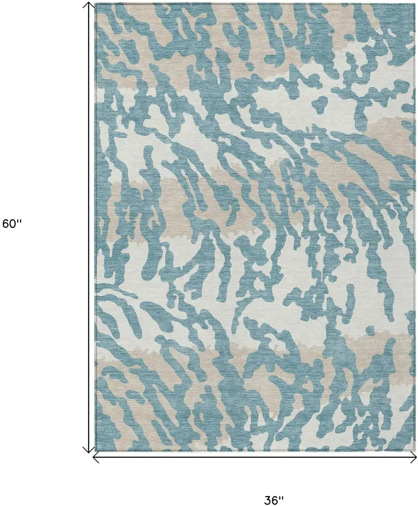 Teal Blue Beige And Ivory Animal Print Washable Indoor Outdoor Area Rug Photo 3