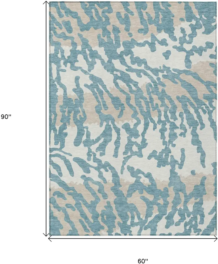 Teal Blue Beige And Ivory Animal Print Washable Indoor Outdoor Area Rug Photo 3