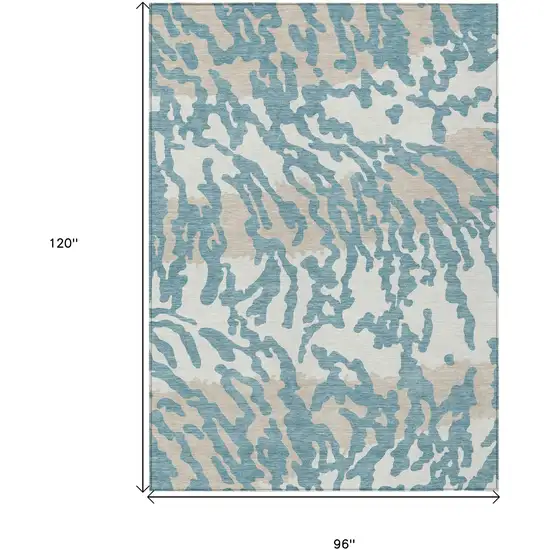 Teal Blue Beige And Ivory Animal Print Washable Indoor Outdoor Area Rug Photo 3