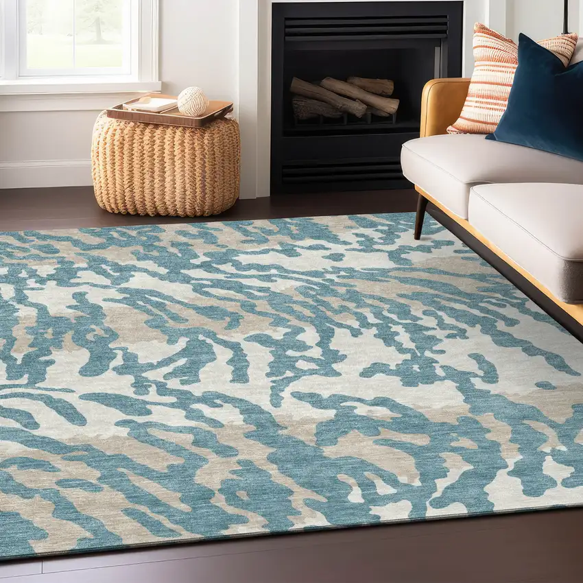 Teal Blue Beige And Ivory Animal Print Washable Indoor Outdoor Area Rug Photo 8