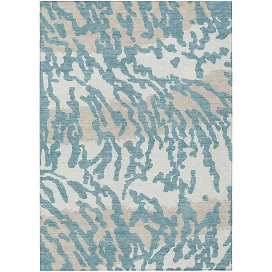 Teal Blue Beige And Ivory Animal Print Washable Indoor Outdoor Area Rug Photo 2