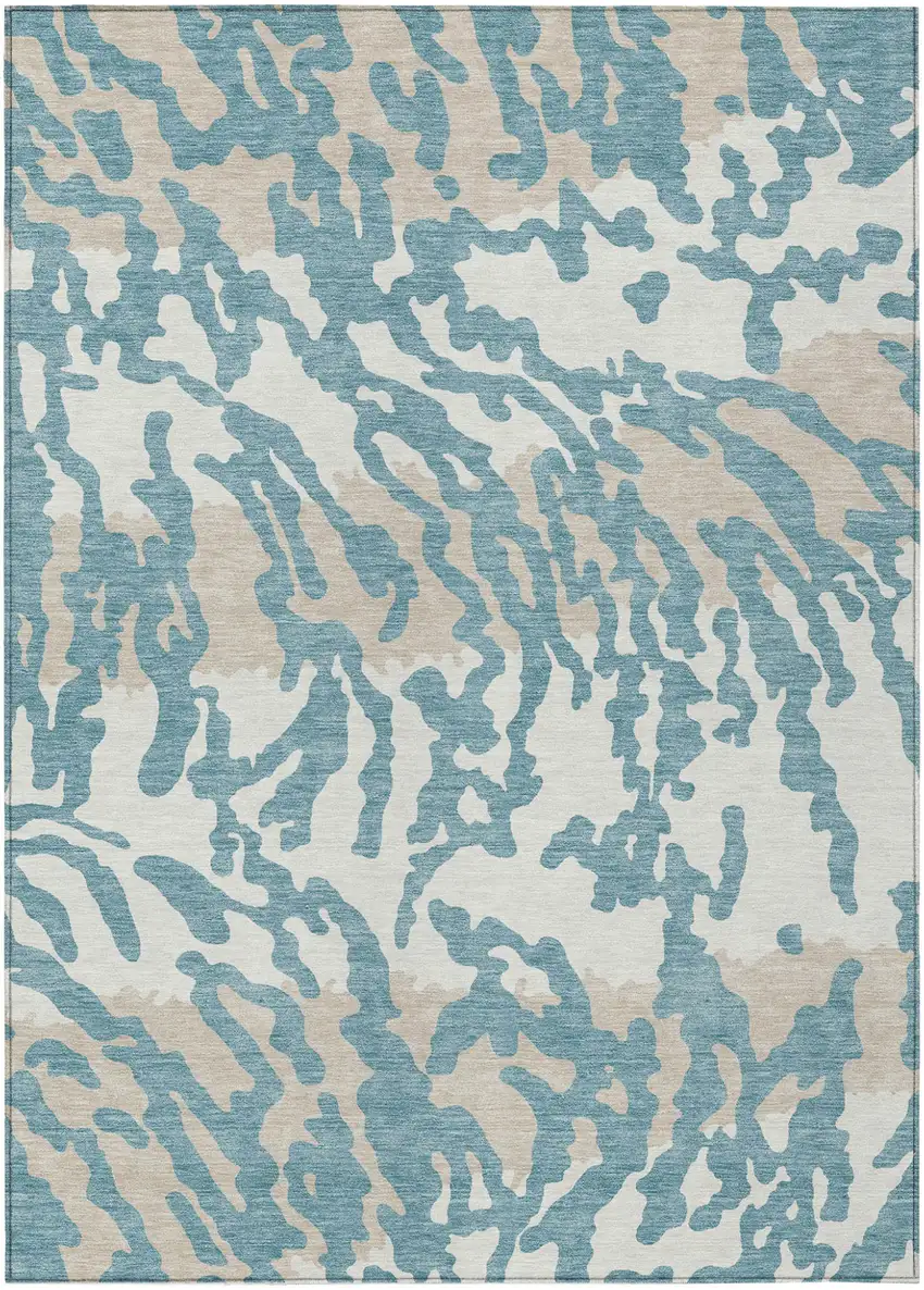 Teal Blue Beige And Ivory Animal Print Washable Indoor Outdoor Area Rug Photo 2