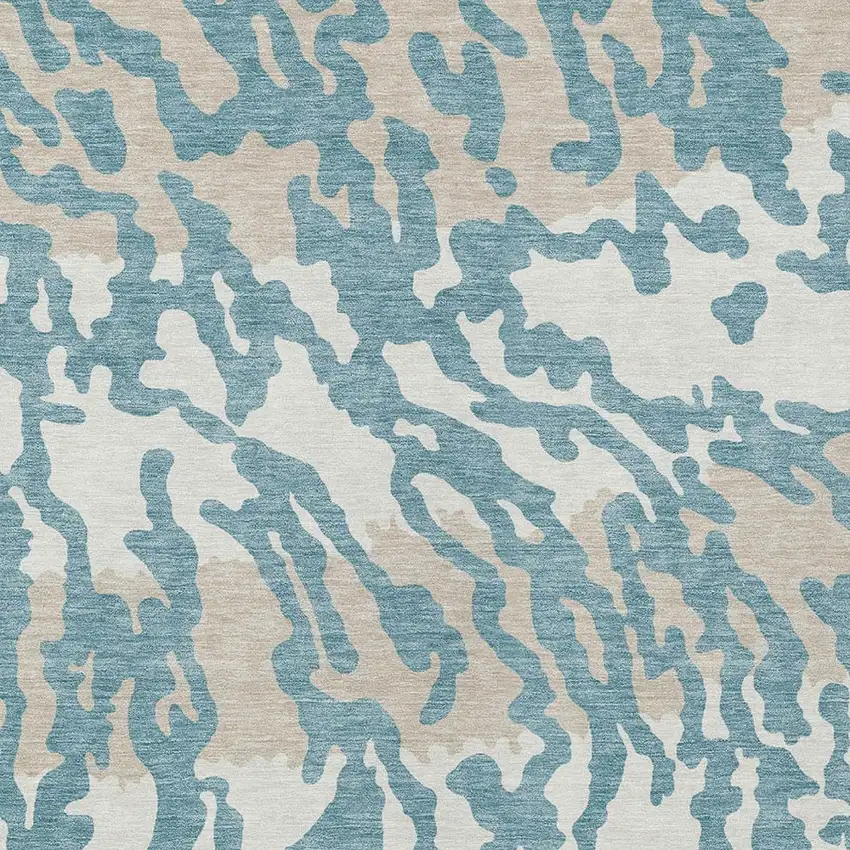 Teal Blue Beige And Ivory Animal Print Washable Indoor Outdoor Area Rug Photo 6