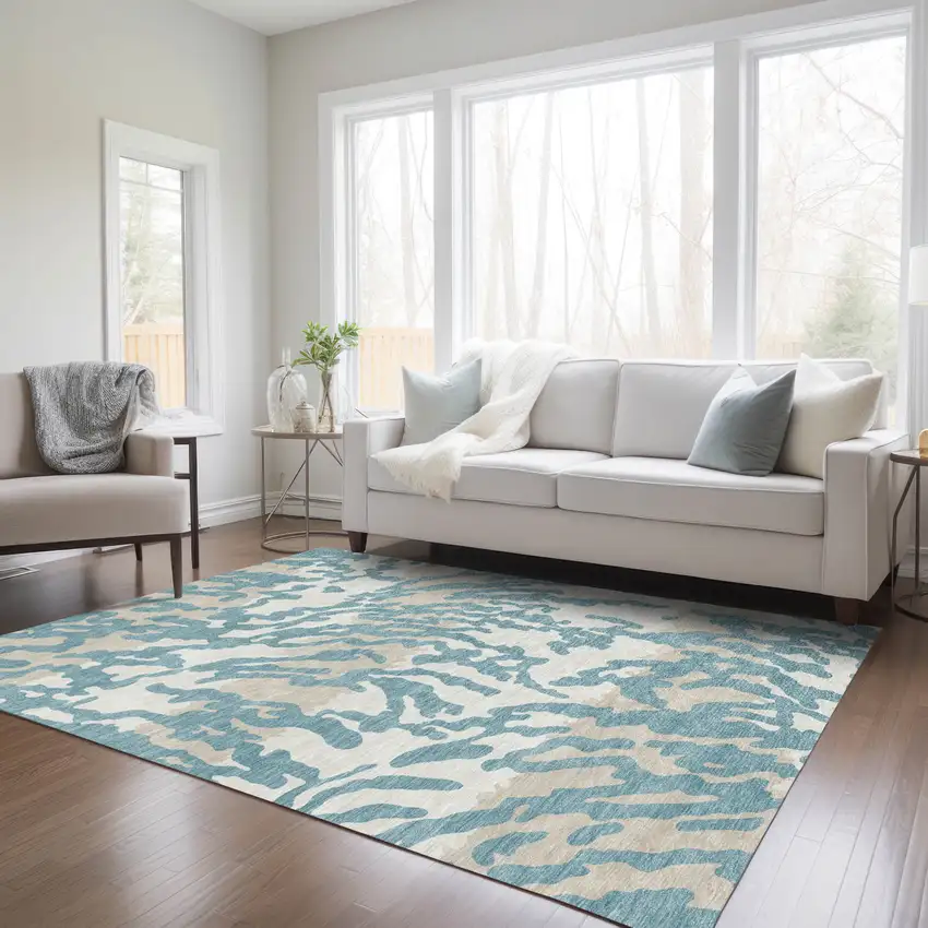 Teal Blue Beige And Ivory Animal Print Washable Indoor Outdoor Area Rug Photo 9