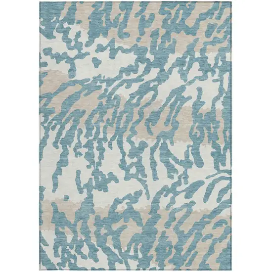 Teal Blue Beige And Ivory Animal Print Washable Indoor Outdoor Area Rug Photo 7