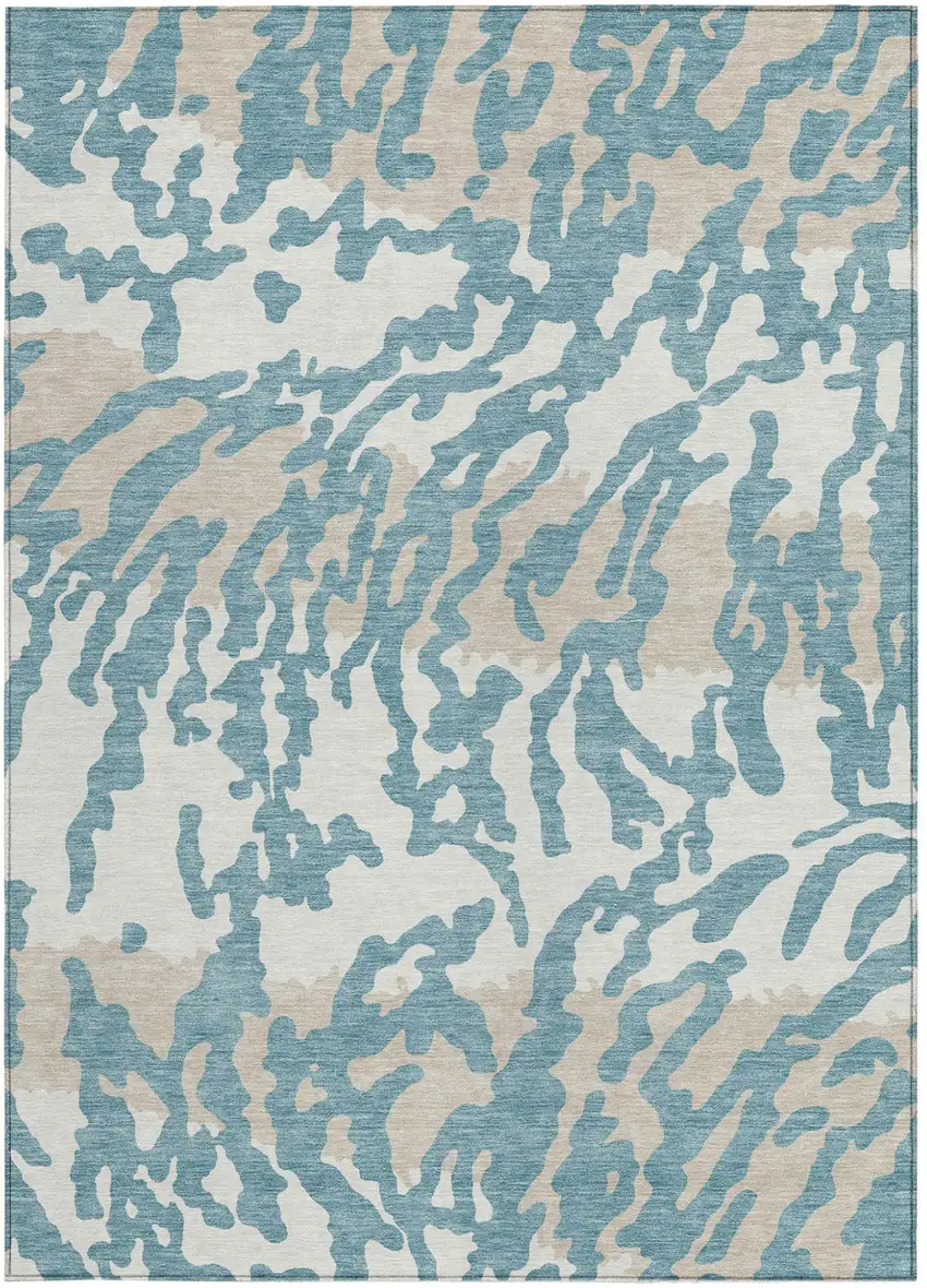 Teal Blue Beige And Ivory Animal Print Washable Indoor Outdoor Area Rug Photo 7