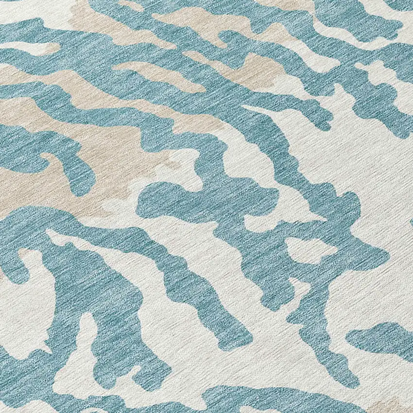 Teal Blue Beige And Ivory Animal Print Washable Indoor Outdoor Area Rug Photo 9