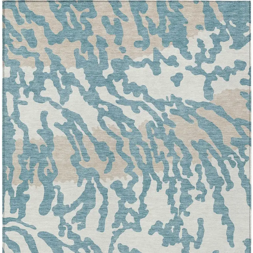 Teal Blue Beige And Ivory Animal Print Washable Indoor Outdoor Area Rug Photo 7